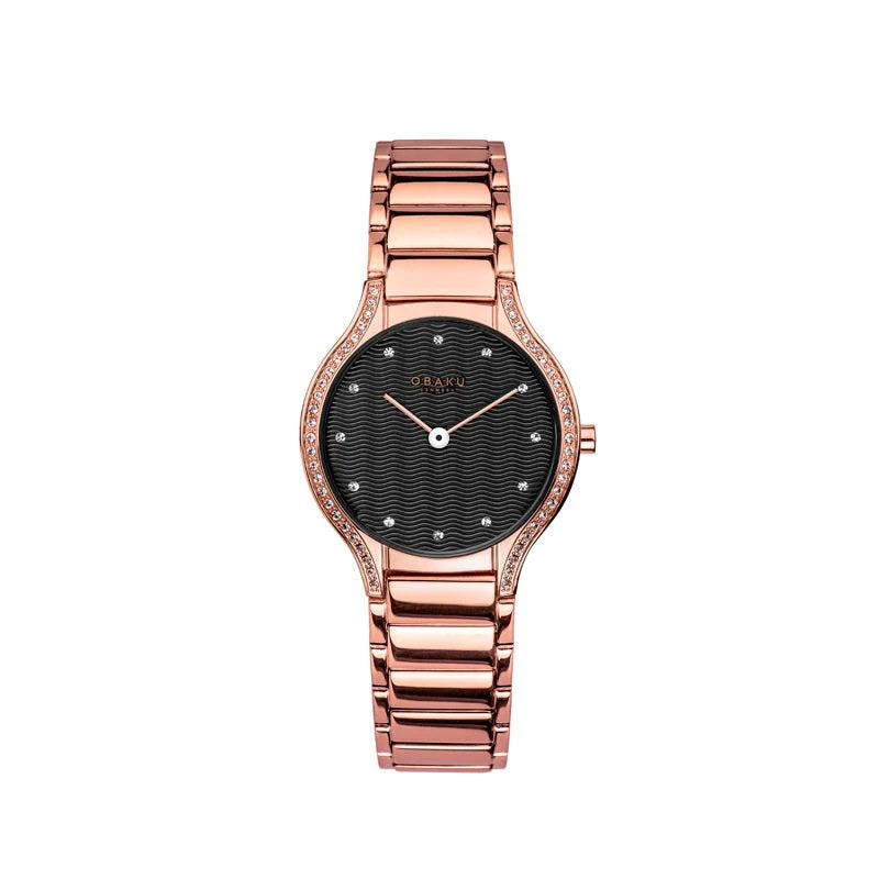 Obaku Ladies IP Rose Gold Bracelet Round Black Dial With Stones Goldstone Jewellers