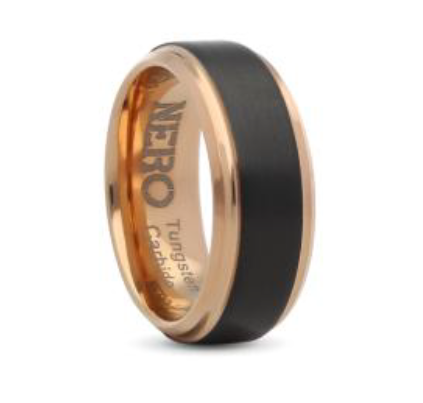 Gents 8mm Rose Gold Plated & Black Brushed Tungsten Ring