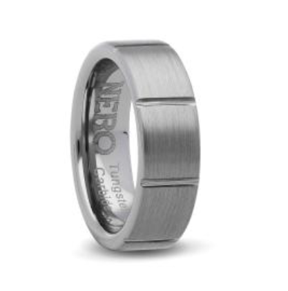 Gents 7mm Brushed Tungsten Ring With Engraved Lines