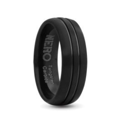 Gents 8mm Black Brushed Tungsten Ring With Double Engrave Line