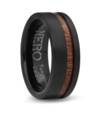 Gents 8mm Black Brushed Tungsten Ring With Wood Design Inlay