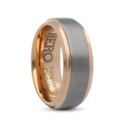 Gents 8mm Rose Gold Plated & Grey Brushed Tungsten Ring