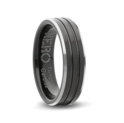 Gents 6mm Black Brushed Tungsten Ring With Double Engrave Line & Silver Sides