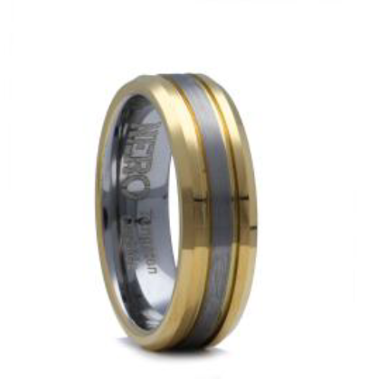 Gents 7mm Brushed Tungsten Ring With Gold Plated Sides