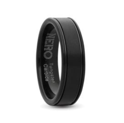 Gents 7mm Black Brushed Tungsten Ring With Double Engrave Line