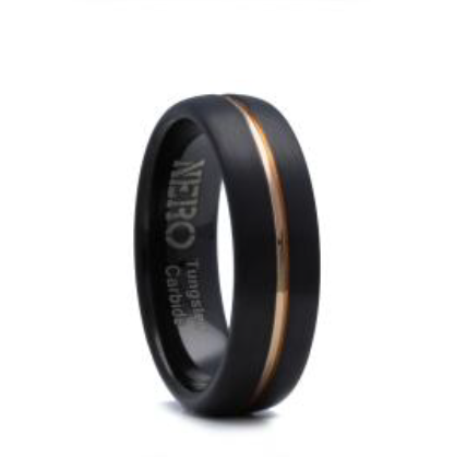 Gents 7mm Black Brushed Tungsten Ring With Gold Inlay