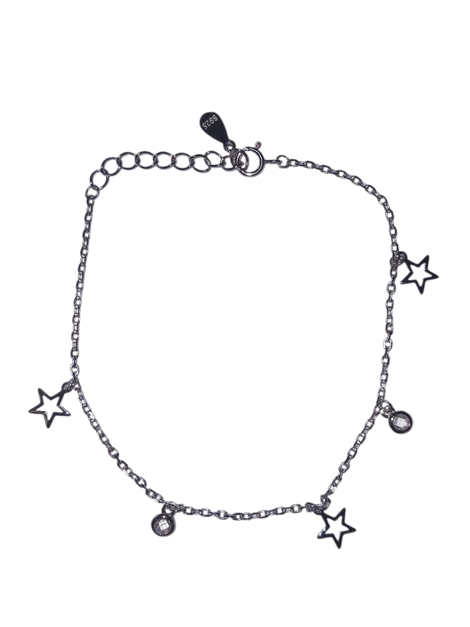 Silver 19cm Charm Bracelet With Open Design Star &amp; Circle Cubic Zirconia Attachments