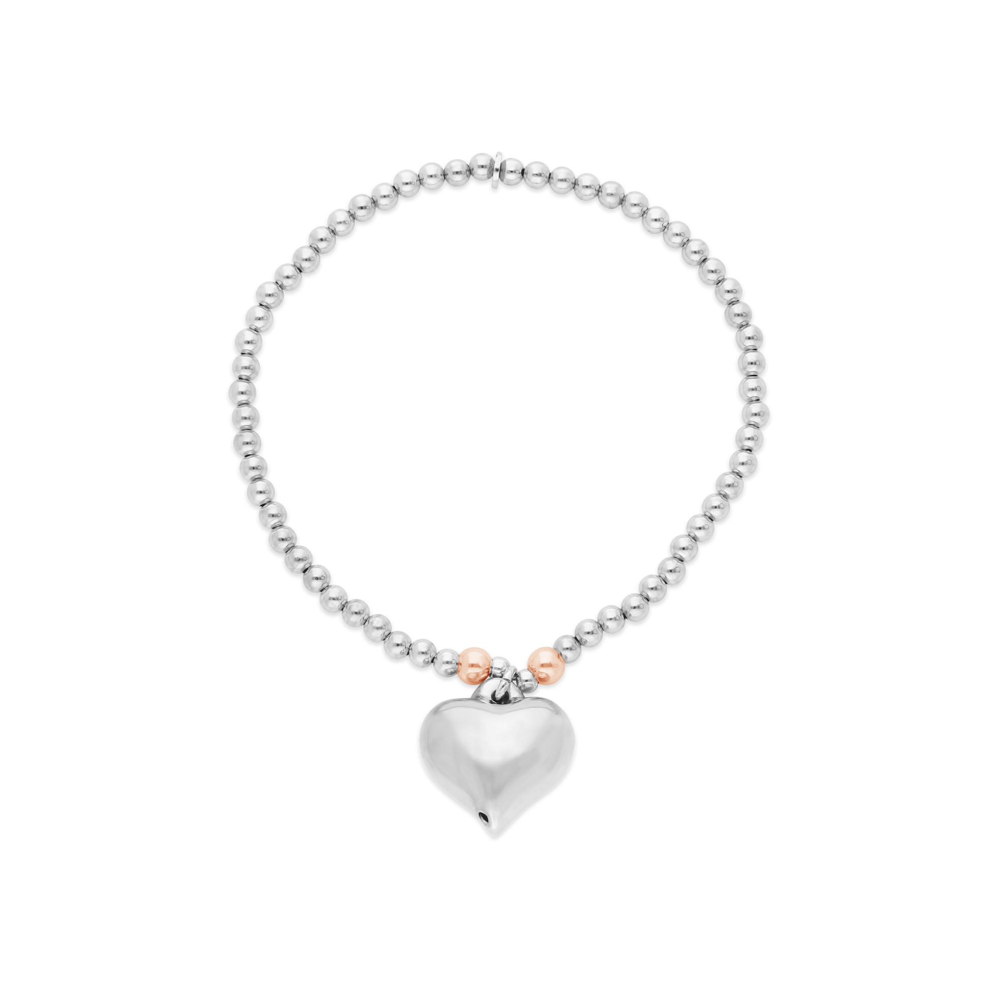 Silver Rose Plated Stretchy Ball Bracelet With Puff Heart