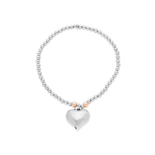 Silver Rose Plated Stretchy Ball Bracelet With Puff Heart