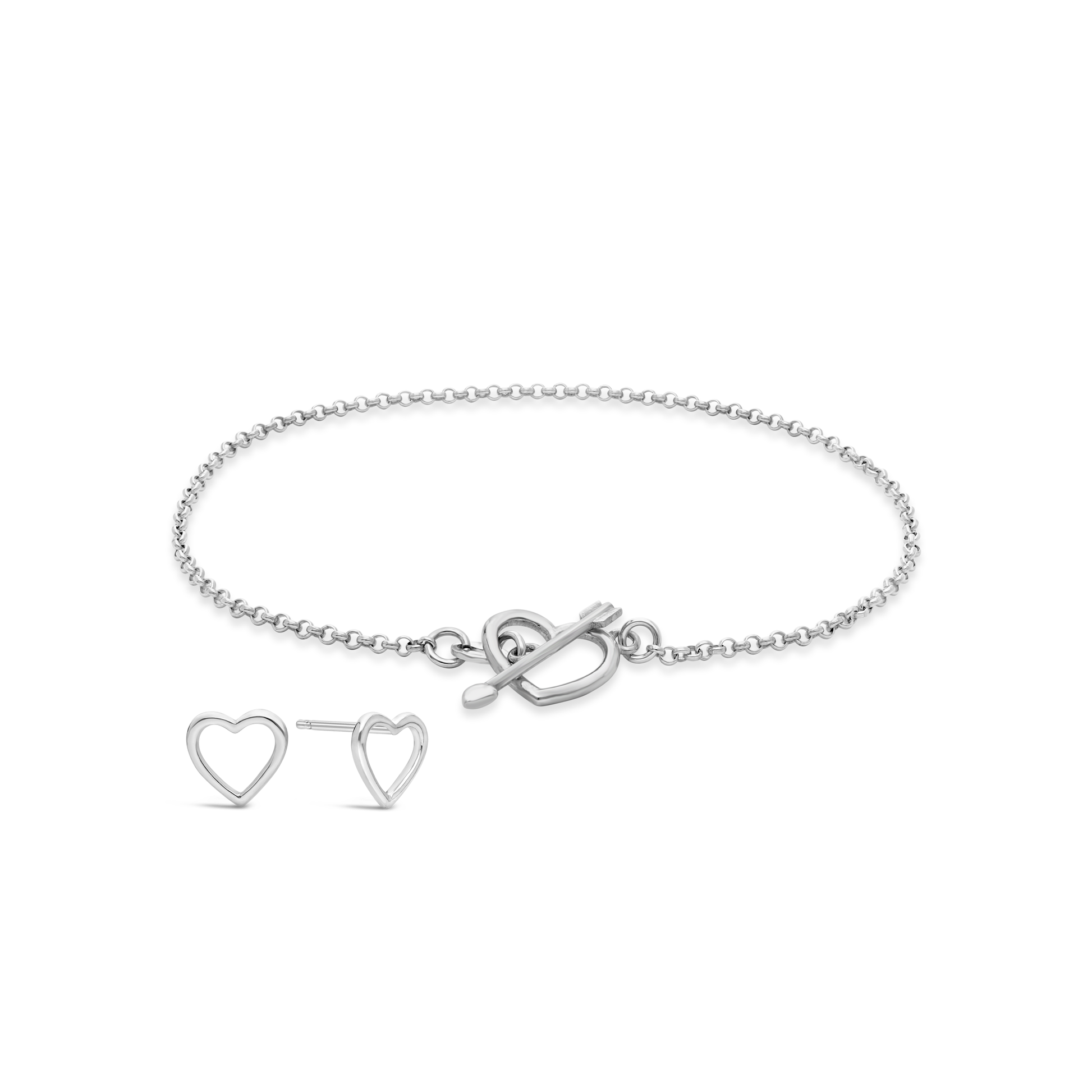 Silver Plain Open Heart Bracelet and Heart Stud Earring