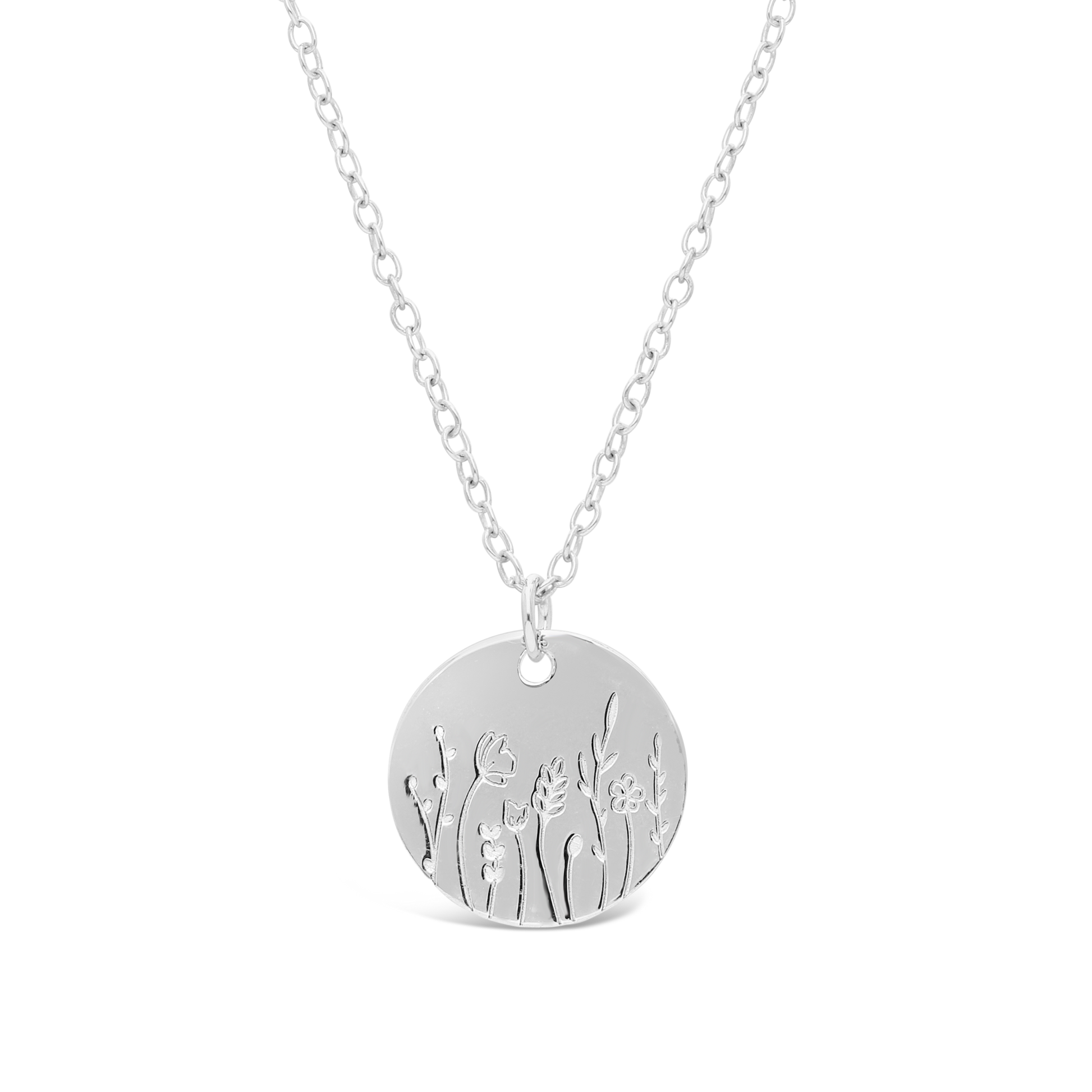 Silver 45cm Chain With Round Engraved Flower Disc