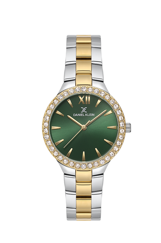 Daniel Klein Ladies Two Tone Gold Plated Bracelet Round Green Dial With Stones