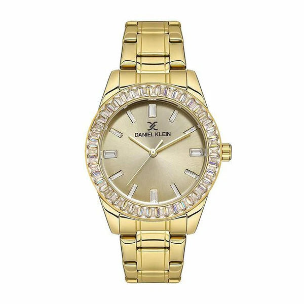 Daniel Klein Ladies Gold Plated Bracelet Champagne Dial With Stones