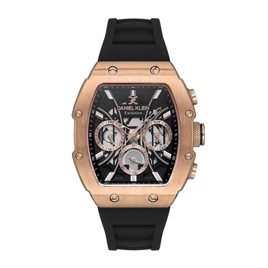 Daniel Klein Gents Chrono Black Silicone Strap Rose Gold Plated Case Black Dial