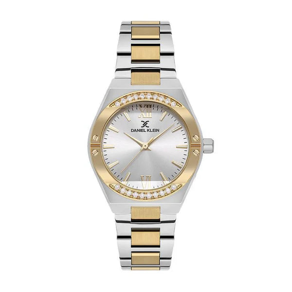 Daniel Klein Ladies Stainless Steel & Gold IP Bracelet Silver Dial With Stones