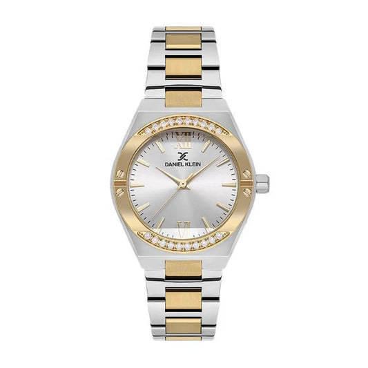Daniel Klein Ladies Stainless Steel & Gold IP Bracelet Silver Dial With Stones