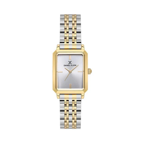 Daniel Klein Ladies Stainless Steel & Gold IP Bracelet Rectangle Silver Dial