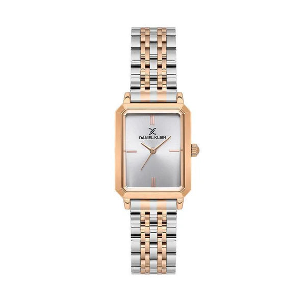Daniel Klein Ladies Stainless Steel & Rose Gold IP Bracelet Rectangle Silver Dial
