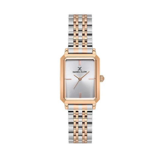 Daniel Klein Ladies Stainless Steel & Rose Gold IP Bracelet Rectangle Silver Dial
