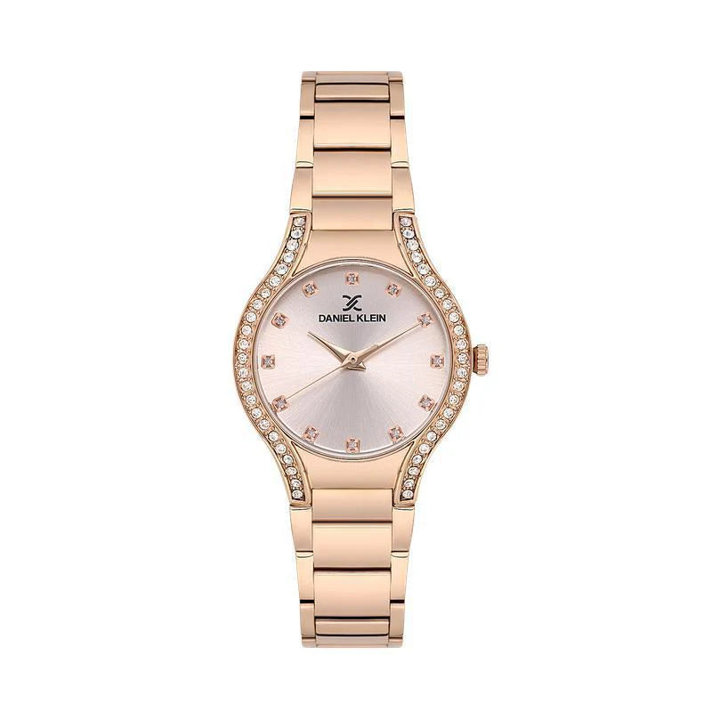 Daniel Klein Ladies Rose Plated Bracelet Round Rose Dial With Stones
