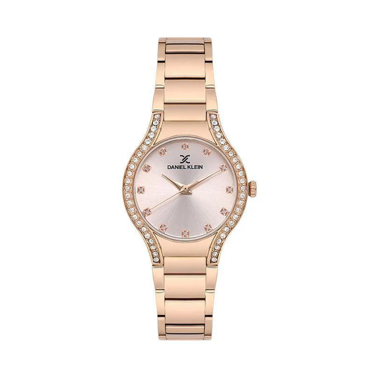 Daniel Klein Ladies Rose Plated Bracelet Round Rose Dial With Stones