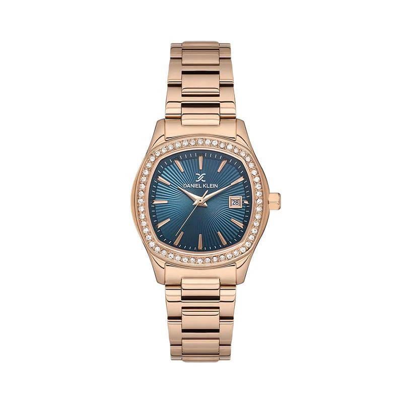 Daniel Klein Ladies Rose Plated Bracelet Square Blue Dial With Stones & Date