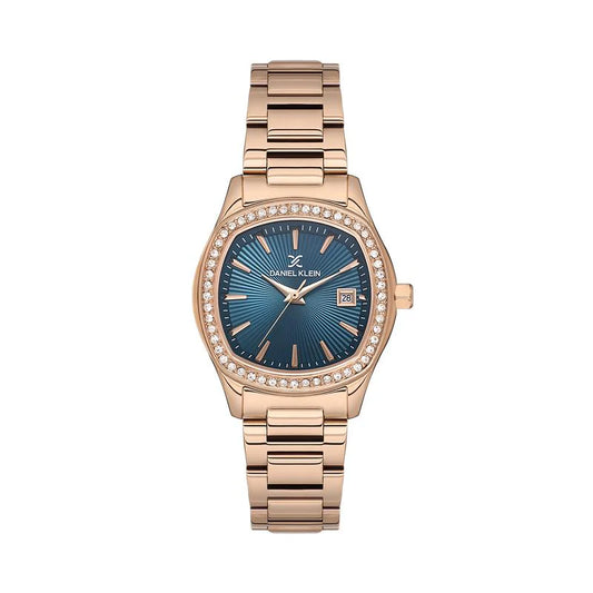 Daniel Klein Ladies Rose Plated Bracelet Square Blue Dial With Stones & Date