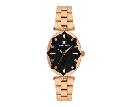 Daniel Klein Ladies Oval Case Black Dial Rose Plated Bracelet