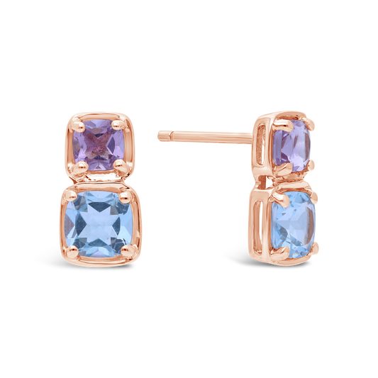 9ct Rose Gold with Pink Amethyst and Blue Topaz Earring