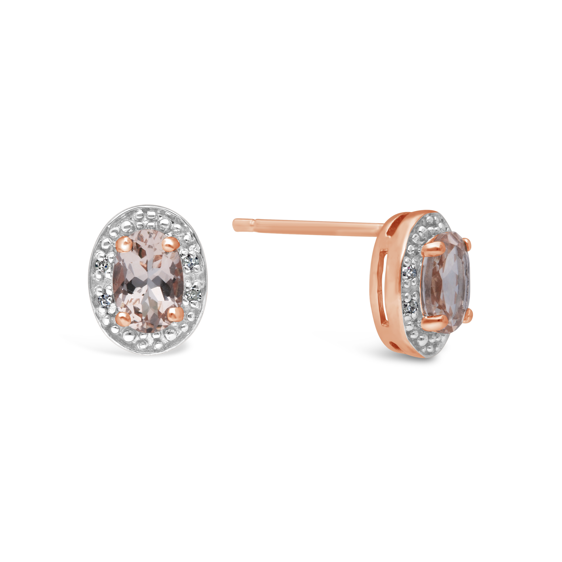 9ct Rose Gold Morganite & Diamond Oval Cluster Stud Earring