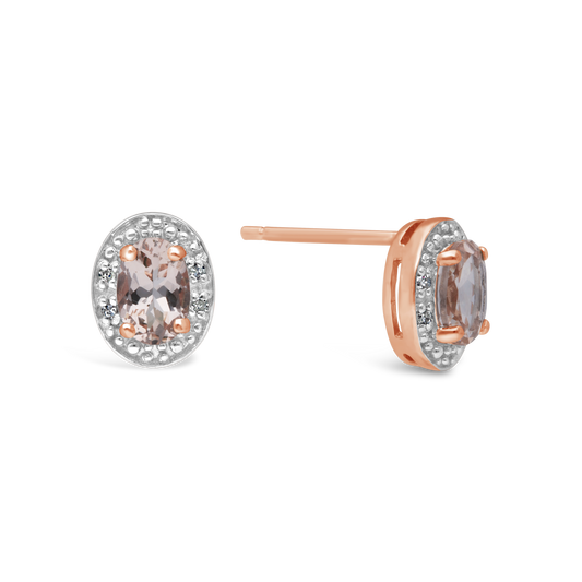 9ct Rose Gold Morganite & Diamond Oval Cluster Stud Earring