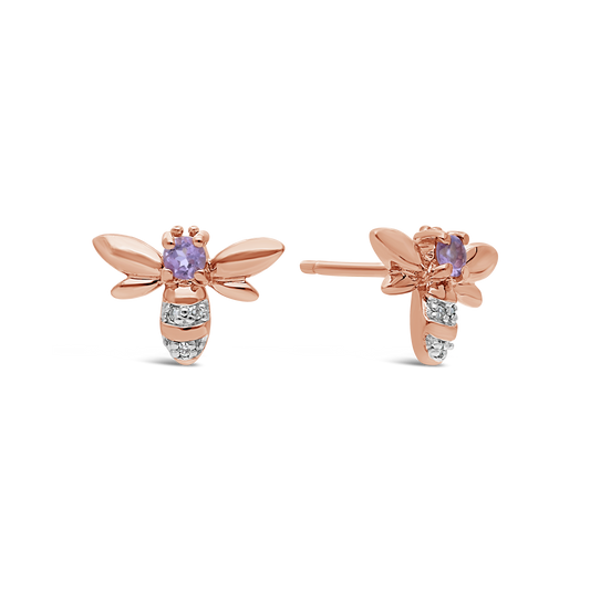 9ct Rose Gold Amethyst & Diamond Bee Earring