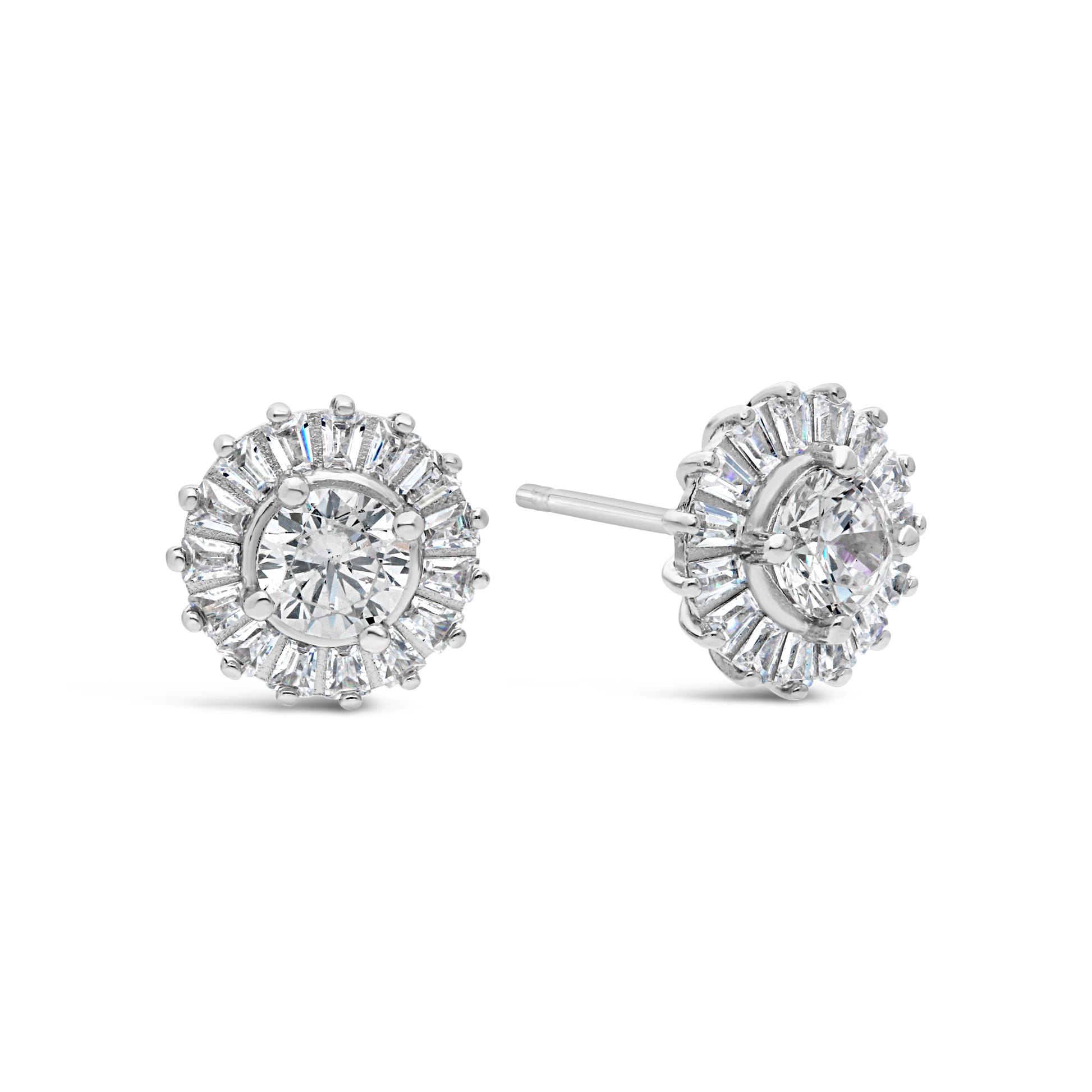 Silver Baguette And Round Cubic Zirconia Fancy Cluster Stud Earring