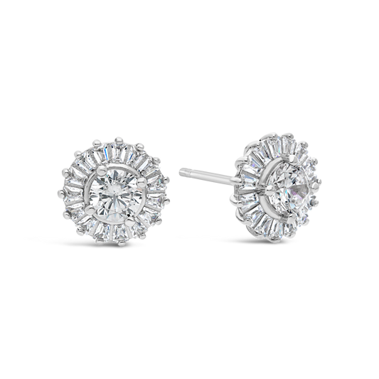 Silver Baguette And Round Cubic Zirconia Fancy Cluster Stud Earring