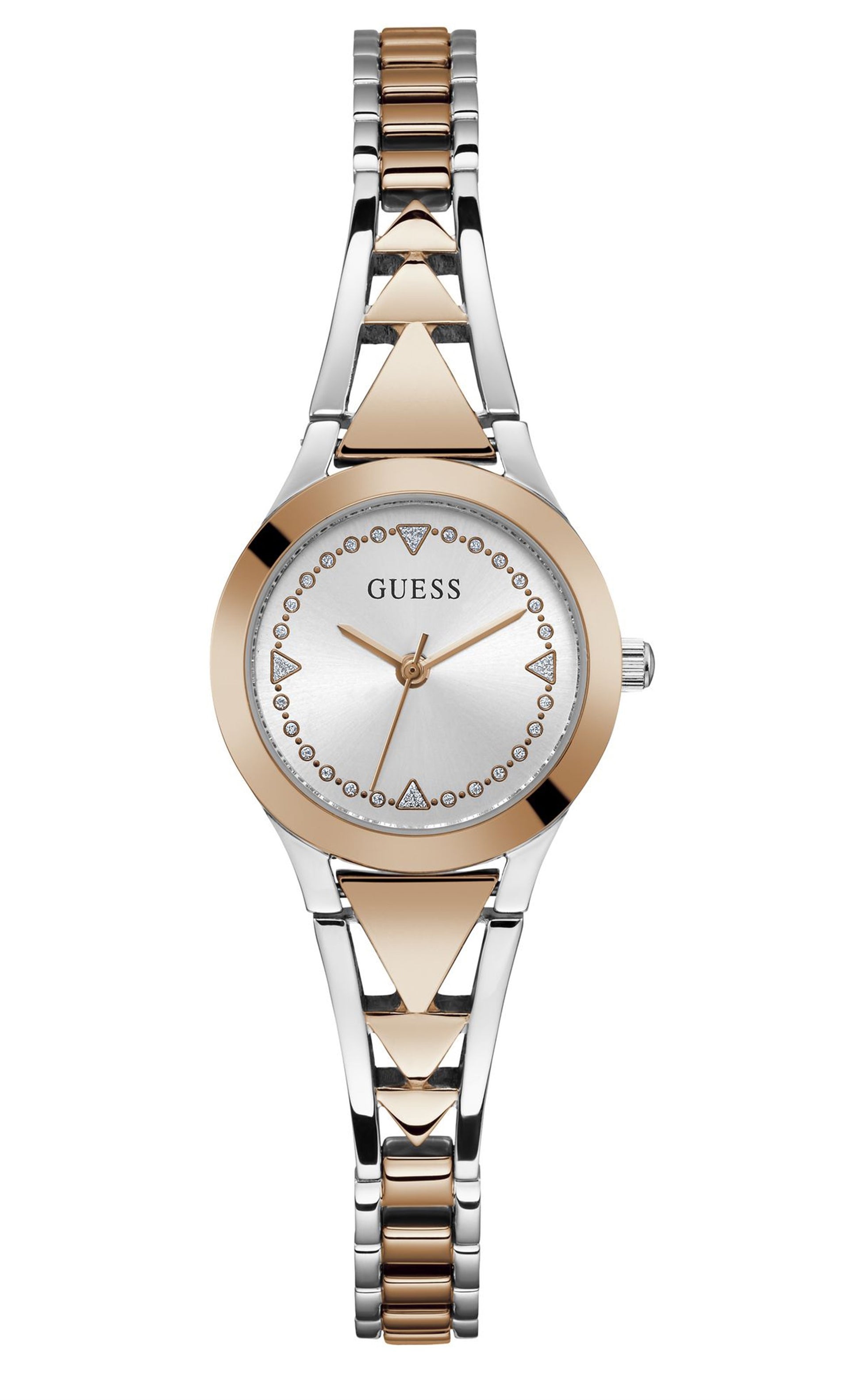 Guess Ladies Two Tone Bracelet Round Silver Dial & Stones