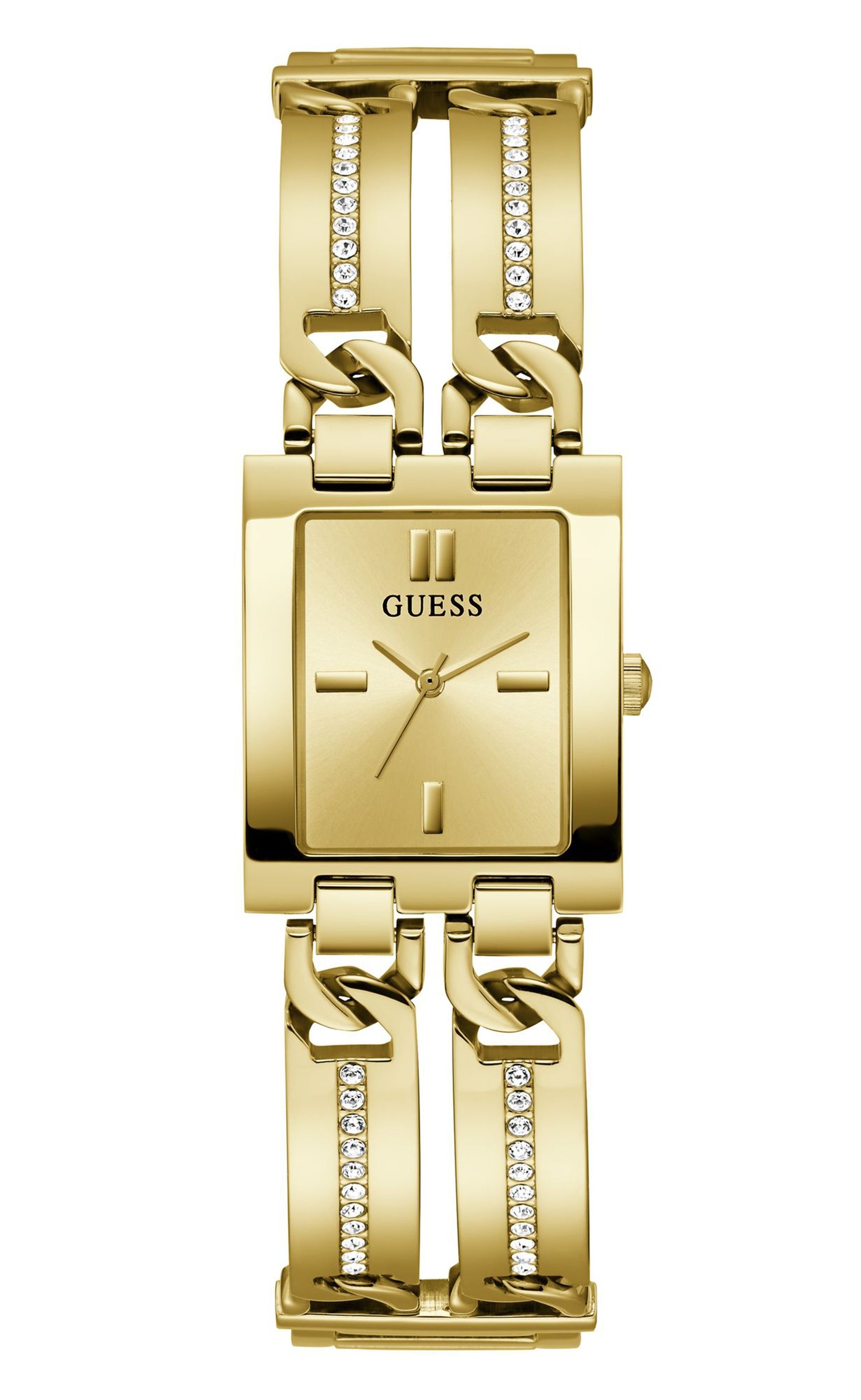 Guess Ladies Gold Plated Bracelet Square Champagne Dial & Stones