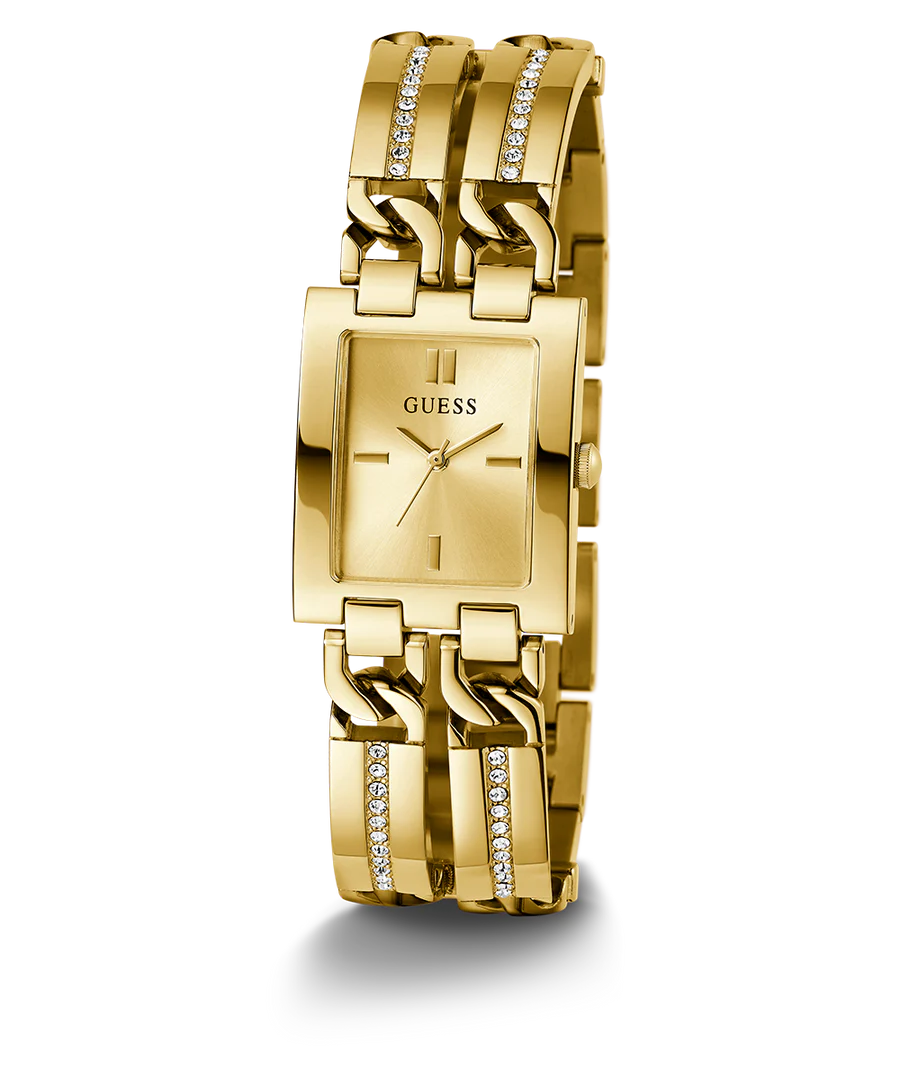 Guess Ladies Gold Plated Bracelet Square Champagne Dial & Stones