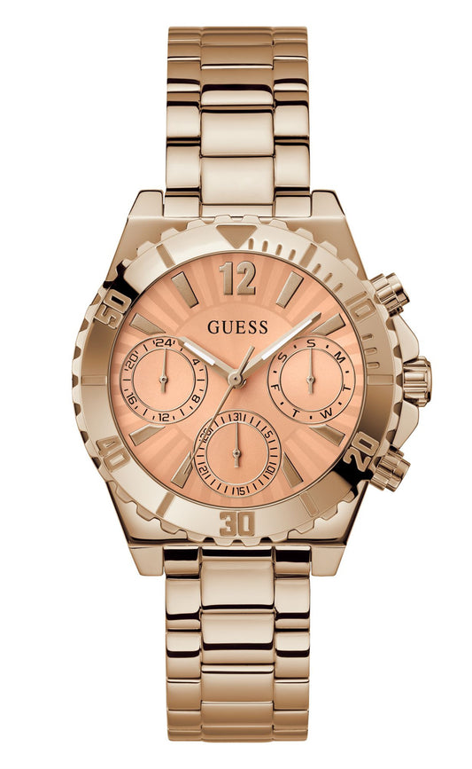 Guess Ladies Chrono Rose Gold Plated Bracelet Round Rose Dial & Stones