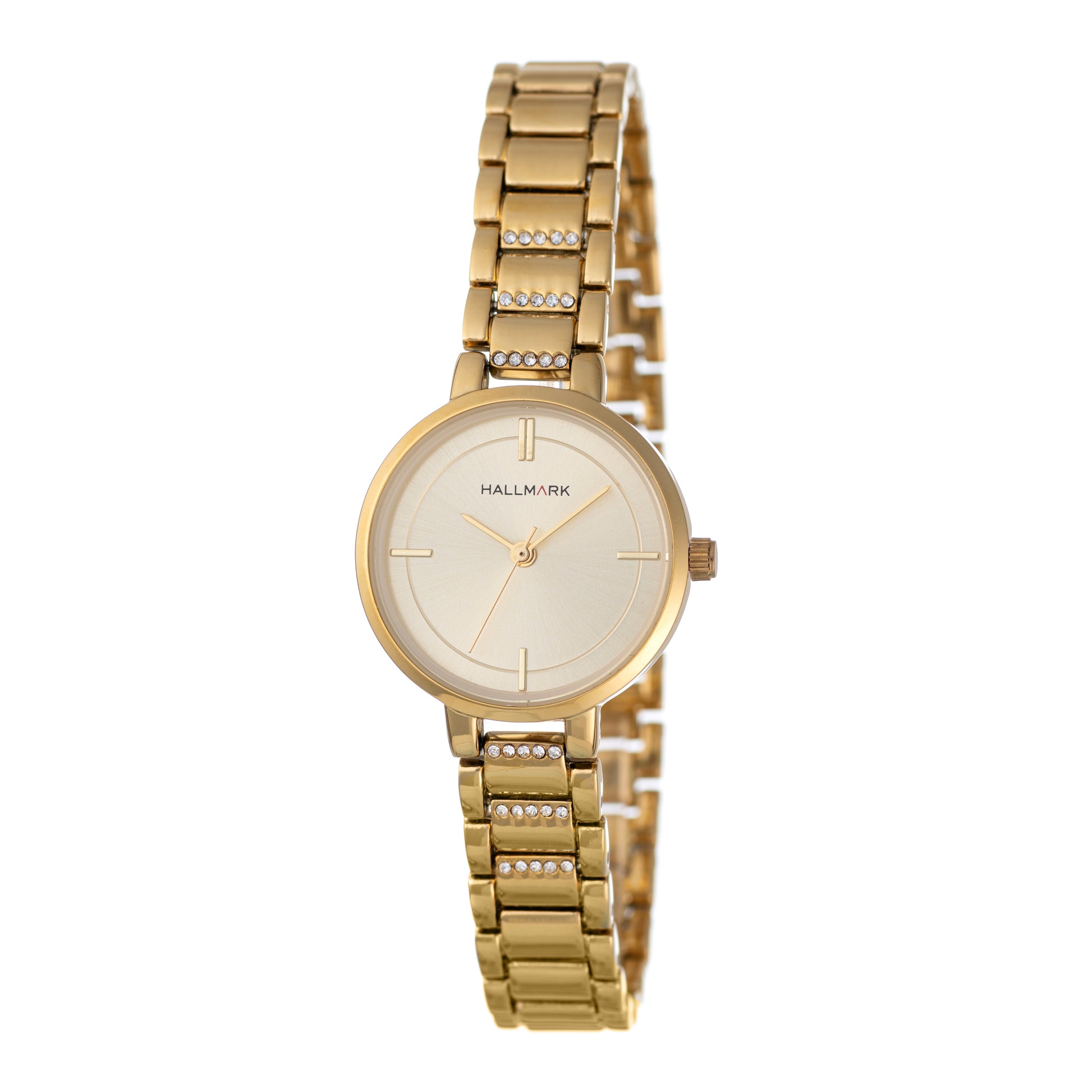 Hallmark Ladies Gold Plated Bracelet With Stones Round Champagne Dial