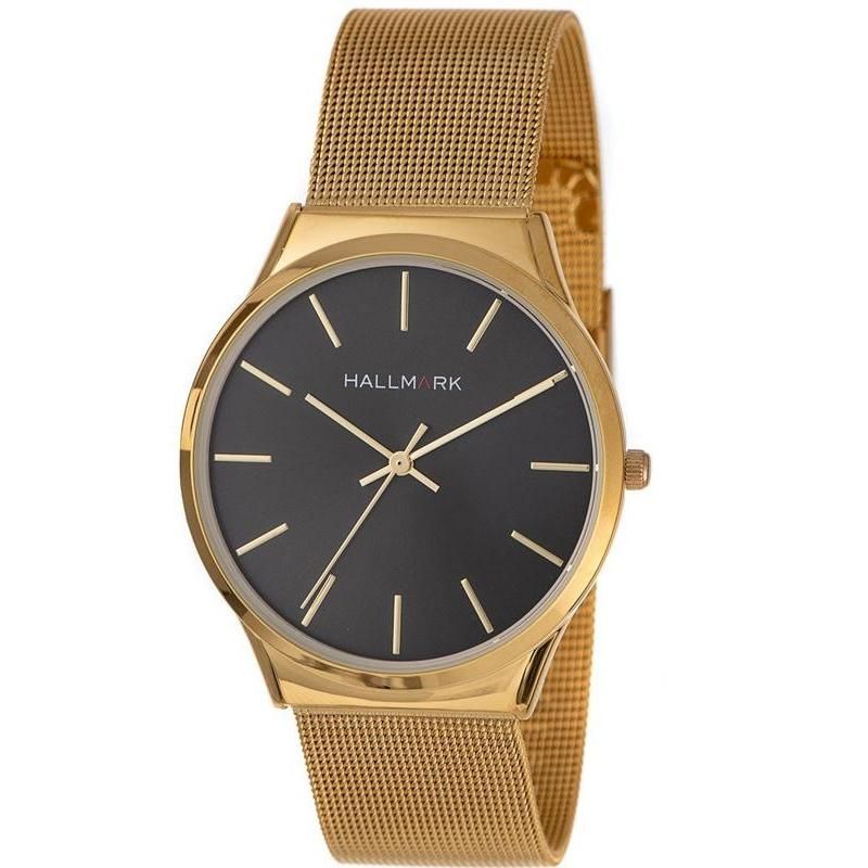 Hallmark Gents Round Black Dial Gold Plated Mesh Bracelet