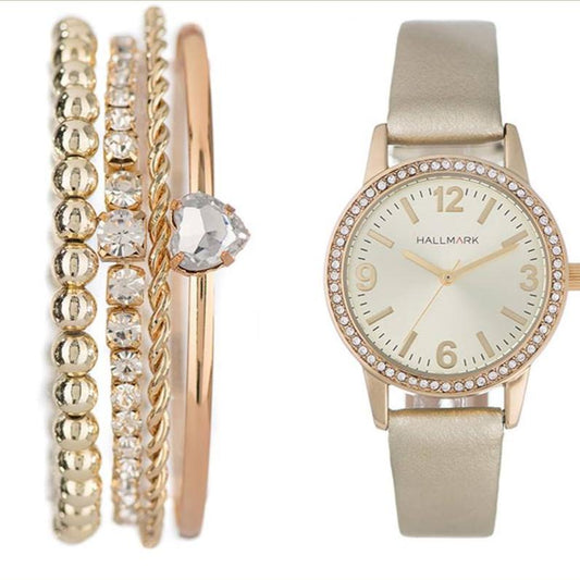 Hallmark Ladies Round Champagne Dial Gold Leather Strap With Stones And Bracelets Boxset