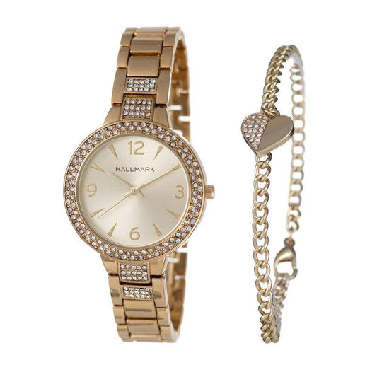 Hallmark Ladies Round Champagne Dial Gold Plated Bracelet With Stones And Heart Bracelet Boxset