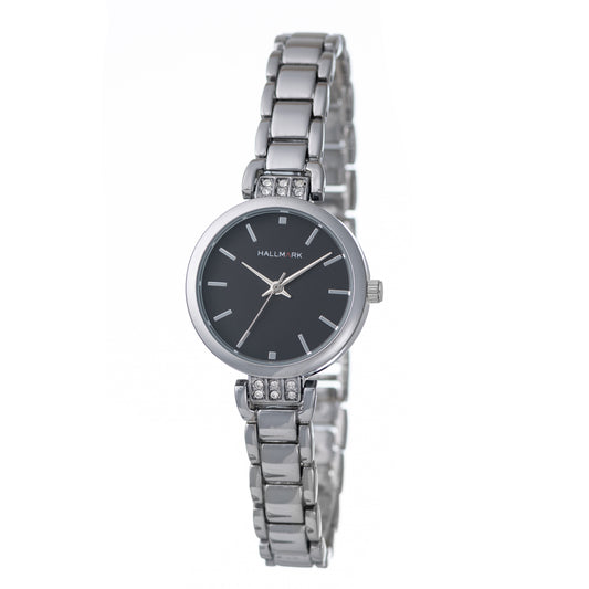 Hallmark Ladies Stainless Steel Bracelet With Stones Round Black Dial