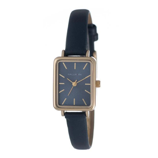 Hallmark Ladies Blue Leather Strap Rectangle Gold Case Black Dial
