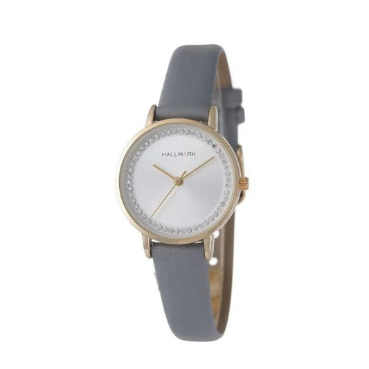 Hallmark Ladies Round Gold Plated Case Silver Dial With Stones Grey Leather Strap