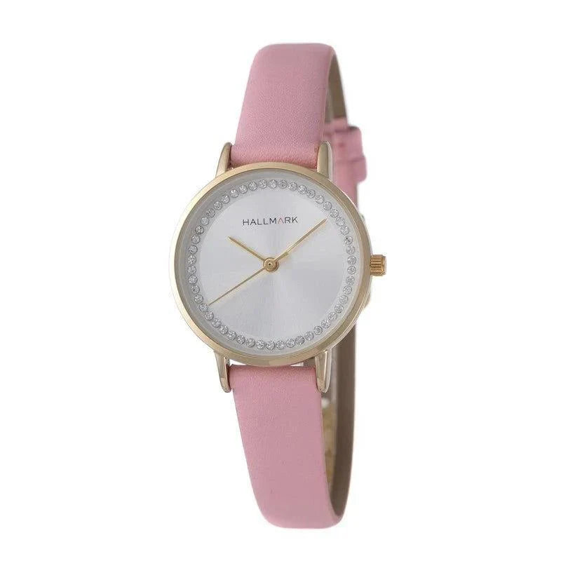 Hallmark Ladies Round Gold Plated Case Silver Dial With Stones Pink Leather Strap