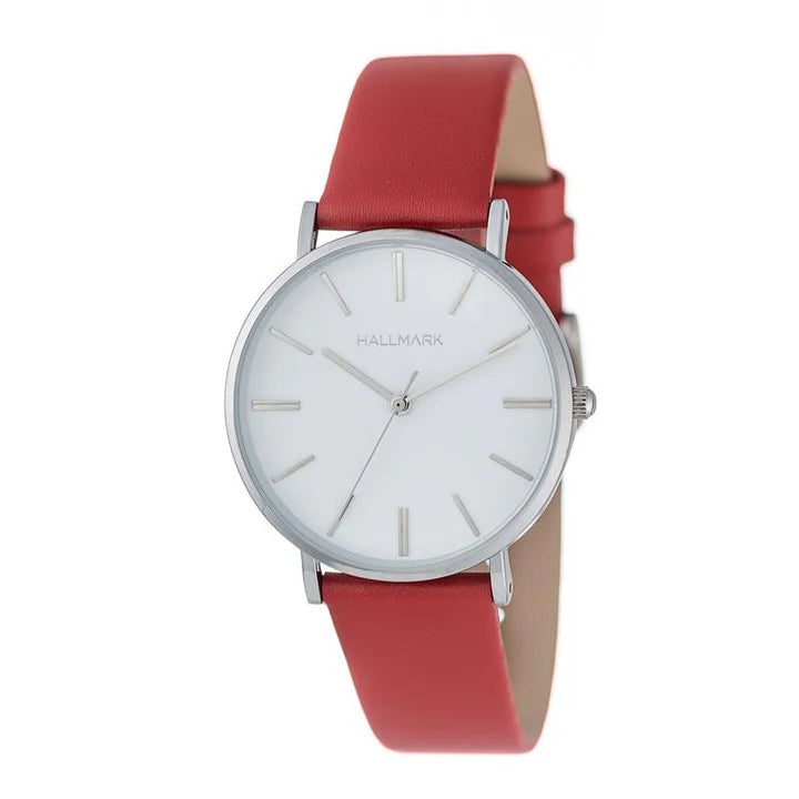 Hallmark Ladies Round Stainless Steel Case White Dial Red Leather Strap