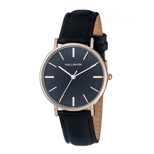 Hallmark Ladies Round Gold Plated Case Black Dial  Black Leather Strap