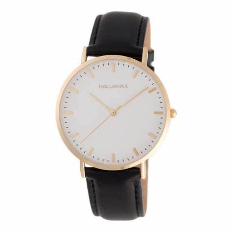 Hallmark Gents Black Leather Gold Plated  Case Round White Dial