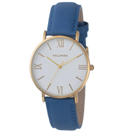 Hallmark Gents Cobalt Blue Leather Strap Gold Plated Case Round White Dial
